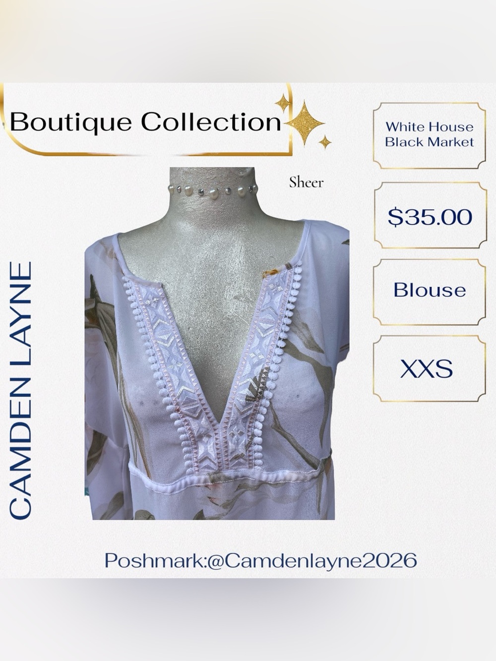 White House Black Market Sheer White Floral Lace V-Neck Overlay Blouse - Picture 10 of 12